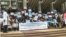 Teachers strike in front of the Ministry of Finance in Yaounde, Cameroon, March 28, 2017. (M.E. Kindzeka/VOA)