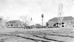 Undated photograph of Tuba City Boarding School showing students lined up for drill. Courtesy Tuba City Boarding School.