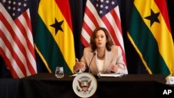 US Vice President Kamala Harris conducts a roundtable of women entrepreneurs to discuss economic empowerment, inclusion, and leadership in Accra, Ghana, March 29, 2023.