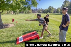 International students play games at an Miami University welcome event.