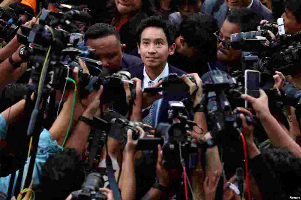 Former Move Forward party leader Pita Limjaroenrat arrives at the party headquarters after Thailand's Constitutional Court delivered its verdict on a case seeking the dissolution of the opposition group, in Bangkok, Aug. 7, 2024.
