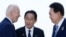 FILE - President Joe Biden, left, talks with Japan's Prime Minister Fumio Kishida and South Korean President Yoon Suk Yeol, right, ahead of a trilateral meeting on the sidelines of the G7 Summit in Hiroshima, Japan, May 21, 2023. 