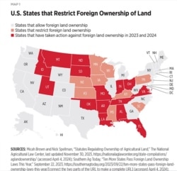 美国各州限制规范土地所有权的情况(来源: 传统基金会2024年5月发布的报告截图"China’s Land Grab:The Sale of U.S. Real Estate to Foreign Adversaries Threatens National Security")
