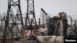 러시아의 공습으로 파괴된 우크라이나 국영 전력회사 우크라너고 송전시설. (자료화면)