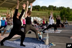 fiLE - Seorang bayi bermain di dekat ibunya saat para siswa Yoga mengikuti kelas yoga luar ruangan di Taman Nasional Germia di ibu kota Kosovo Pristina, 16 Juni 2016. (AP/Visar Kryeziu)