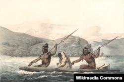 Ohlone Indians in a Tule Boat in the San Francisco Bay, 1816, published 1822, by Russian artist and explorer Louis Choris.