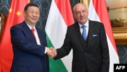 匈牙利总统舒尤克（Tamas Sulyok ）在布达佩斯总统府与到访的中国国家主席习近平握手。（2024年5月9日）