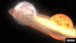 A red giant star and white dwarf orbit each other in this animation of a nova similar to T Coronae Borealis. (NASA/Goddard Space Flight Center)