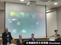 美军太平洋海军陆战队前司令、退役中将斯蒂夫·鲁德尔（左三 Steve Rudder）率领美国国防产业代表团到台湾国防安全研究院参访。（2023年5月2日）