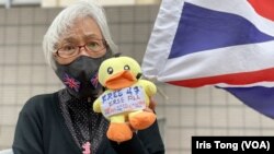 香港社运人士王婆婆2月14日继续到西九龙裁判法院外示威，声援民主派初选47人案各被告 (美国之音记者/汤惠芸)