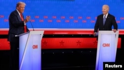 特朗普在参加与拜登的辩论时讲话。(2024年6月27日)