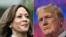This combination of pictures shows U.S. Vice President Kamala Harris on the South Lawn of the White House on July 22, 2024 and former U.S. president and 2024 Republican presidential candidate Donald Trump in Milwaukee, Wisconsin, on July 18, 2024.