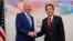 President Joe Biden, left, shakes hands with Japan's Prime Minister Fumio Kishida ahead of a bilateral meeting in Hiroshima, May 18, 2023, ahead of the start of the G-7 Summit.