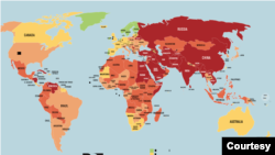 无国界记者公布的2024年《世界新闻自由指数》展示的国际地图。
