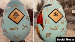 Türk motivli bayram yumurtası heykəlləri (Şəkillər sosial şəbəkələrdə paylaşılan videoların ekran görüntüləridir.)
