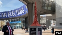 欧洲议会德国籍议员莱因哈德·比蒂科费尔(Reinhard Bütikofer)站在“国殇之柱”前。（美国之音 李伯安）