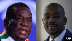 Rais wa Zimbabwe Emmerson Mnangagwa (kushoto) na kiongozi wa chama cha upinzani cha (CCC) Nelson Chamisa (kulia). Picha na Adrian DENNIS na Jekesai NJIKIZANA/vyanzo mbalimbali/AFP. 