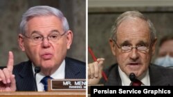  از راست به چپ،‌ سناتور جیم ریش، رییس و عضو عالی‌رتبه کمیته روابط خارجی سنای ایالات متحده، و سناتور باب منندز