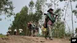 ২০২১ সালের ৯ সেপ্টেম্বর ইথিওপিয়ার চেন্না টেকলেহায়মান্ট গ্রামের বাসিন্দারা পালাচ্ছে। একজন সশস্ত্র মিলিশিয়া যোদ্ধা পথ দিয়ে হেঁটে যাচ্ছে। ফাইল ছবি।
