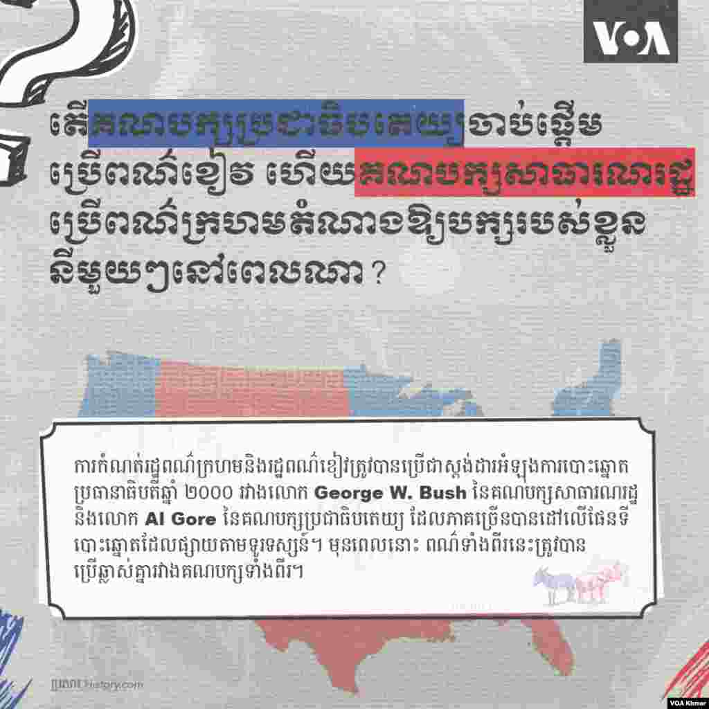 តើគណ​​បក្ស​ប្រជាធិបតេយ្យ​ចាប់ផ្តើម​ប្រើ​ពណ៌​ខៀវ​​ ហើយ​គណបក្ស​សាធារណរដ្ឋ​ប្រើ​ពណ៌​ក្រហមតំណាង​ឱ្យ​បក្ស​របស់​ខ្លួន​នីមួយៗ​នៅពេល​ណា?