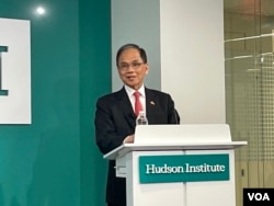 台湾立法院院长游锡堃在华盛顿智库哈德逊研究所发表演讲。(2023年5月16日，美国之音锺辰芳拍摄）