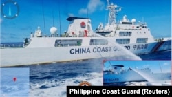 资料照片：菲律宾海警队2023年8月6日公布中国海警船对菲方补给船发射水炮的照片。