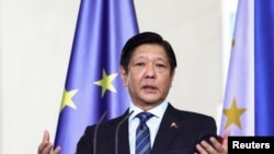 资料照：菲律宾总统小马科斯在德国柏林的一个记者会上讲话。（2024年3月12日）