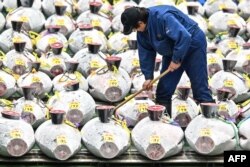 Seorang pekerja membersihkan sekitar tuna beku yang dipajang saat penjual grosir dan pembeli menghadiri lelang tuna pertama Tahun Baru di pasar ikan Toyosu di Tokyo, 5 Januari 2024. (Richard A. Brooks / AFP)
