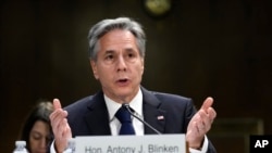 At the Capitol in Washington, Secretary of State Antony Blinken appeals to the Senate Appropriations Committee that the U.S. should immediately send aid to Israel and Ukraine, Oct. 31, 2023. Blinken is heading to Israel and Jordan on Thursday. 