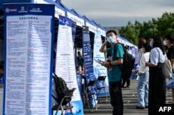 中国年轻人参加北京举行的一个招聘会。（2022年8月26日）