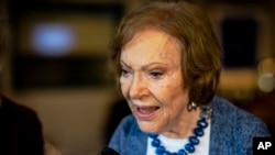 Mke wa rais wa zamani wa Marekani Rosalynn Carter, enzi za uhai wake akizungumza katika The Carter Center huko Atlanta, Georgia. Nov. 5, 2019. 