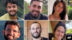 This combination of six undated photos shows hostages, from top left, Hersh Goldberg-Polin, Ori Danino, Eden Yerushalmi, from bottom left, Almog Sarusi, Alexander Lobanov, and Carmel Gat, who were held hostage by Hamas militants in Gaza.