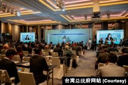 台湾总统蔡英文在台北出席2023台北安全对话开幕式上讲话。（2023年11月8日）