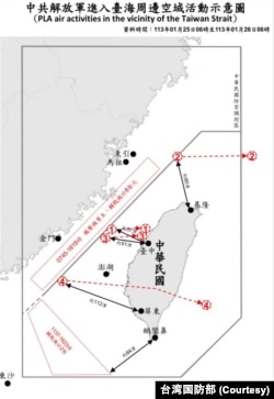 台湾国防部1月26日发布示意图显示中共解放军进入台海周边空域的活动。