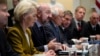 European Council President Charles Michel, second from left, speaks as European Commission President Ursula von der Leyen, left, listens during a meeting with U.S. President Joe Biden and other officials at the White House in Washington, Oct. 20, 2023.