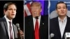 미 공화당 대선 경선에서 선두를 달리고 있는 도널드 트럼프 후보(가운데)와 트럼프 후보를 추격 중인 마르코 루비오(왼쪽), 테드 크루즈 후보.
