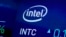 FILE - In this Oct. 1, 2019, file photo the symbol for semiconductor manufacturer Intel appears on a screen at the Nasdaq MarketSite, in New York.