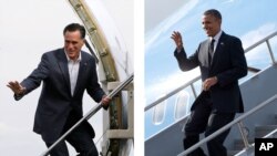 Presiden Amerika Barack Obama (kanan) dan Mitt Romney membatalkan jadwal kampanye mereka hari Selasa (30/10) dan memusatkan pidato mereka pada korban badai Sandy yang melanda pesisir Timur Amerika.
