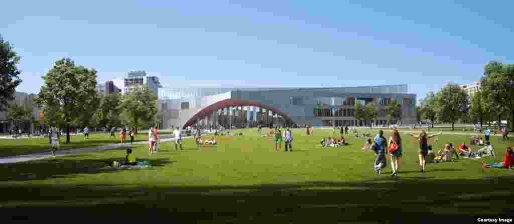 The grand wooden arched facades cut into the stone volume will highlight the glass entrances of the new main library at Temple University in Philadelphia. (Credit: Snøhetta/Stantec Architects)