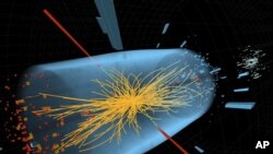FILE - This undated image made available by CERN shows a typical candidate event in the search for the Higgs boson, including two high-energy photons whose energy (depicted by red lines) is measured in the CMS electromagnetic calorimeter. 