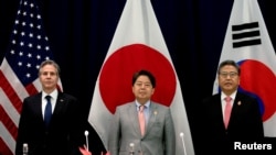 美日韩三国外长2022年7月在出席G20会议期间举行三边会谈。（路透社转发媒体联访照片）