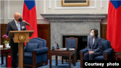 前美军战略司令部司令、退休海军上将詹姆斯·埃利斯2022年8月23日率团会见台湾总统蔡英文。（台湾总统府照片）