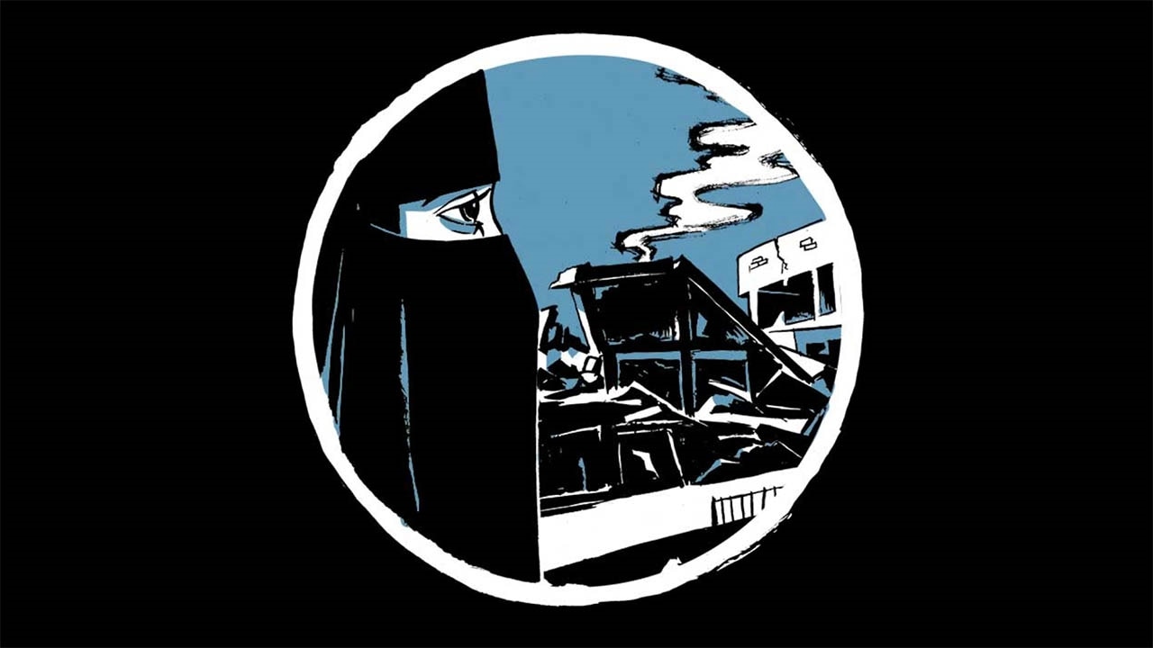 Portrait of the wife of an accused ISIS fighter against the destroyed skyline of Raqqa.