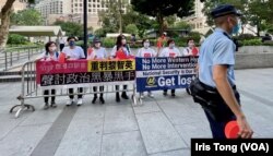 有建制派团体在终审法院外集会，要求中国全国人大常委会直接为《港区国安法》释法，禁止非中国籍司法人员，包括法官，参与国安法的审讯 (美国之音/汤惠芸)