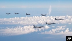 日本和美国战斗机2022年5月25日在日本海上空联合巡航。（美联社转自日本自卫队照片）