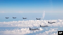 日本和美国战斗机2022年5月25日在日本海上空联合巡航。（美联社转自日本自卫队照片）