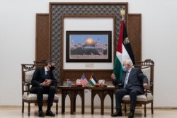 Secretary of State Antony Blinken speaks with Palestinian President Mahmoud Abbas, May 25, 2021, in West Bank city of Ramallah.