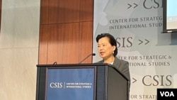 台湾经济部长王美花2022年10月11日在华盛顿智库战略与国际研究中心发表讲话。(美国之音锺辰芳拍摄）