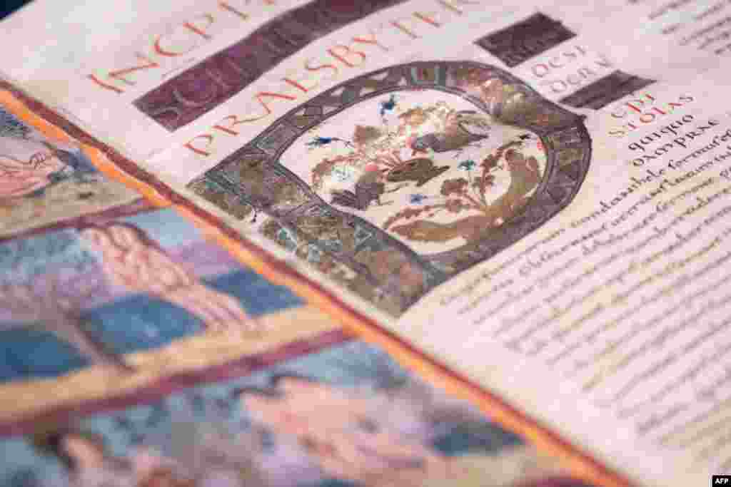 This photograph shows a detail of the Moutier-Grandval Bible, a 9th century illustrated bible, one of the oldest fully preserved bibles in the world, during the press day of the exhibition "Sur les traces d’un chef-d’oeuvre: La Bible de Moutier-Granval" 