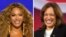 Foto konbinezon: Beyonce nan seremoni remiz pri Grammy yo nan Los Angeles, epi kandida prezidansyel Demokrat la, Vis Prezidan Etazini Kamala Harris. 